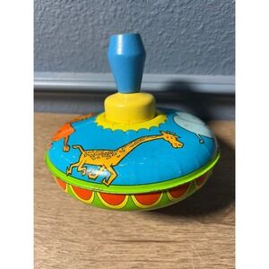 Vintage 1960's Ohio Art Metal Spinning Top Toy Wood Knob‎ Circus Animals. Works!
